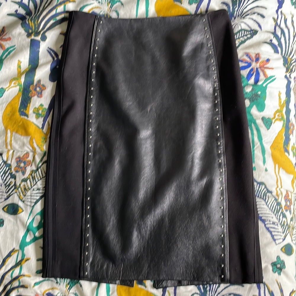 White House Black Market real leather with stretch panels pencil skirt. Size 4.